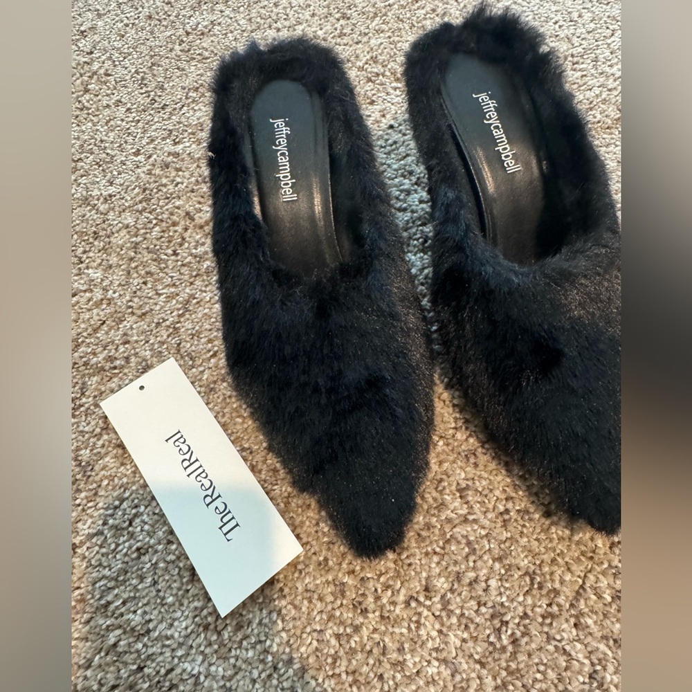 Jeffrey Campbell Black Fuzzy Slippers